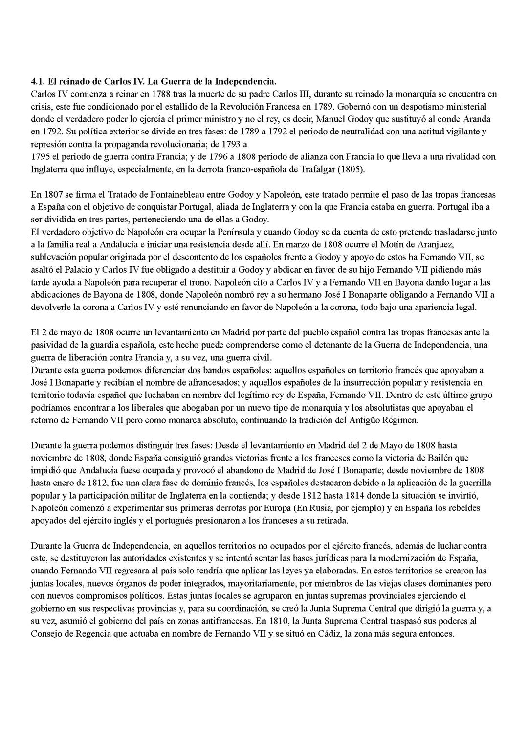 4.1. El reinado de Carlos IV. La Guerra de la Independencia.