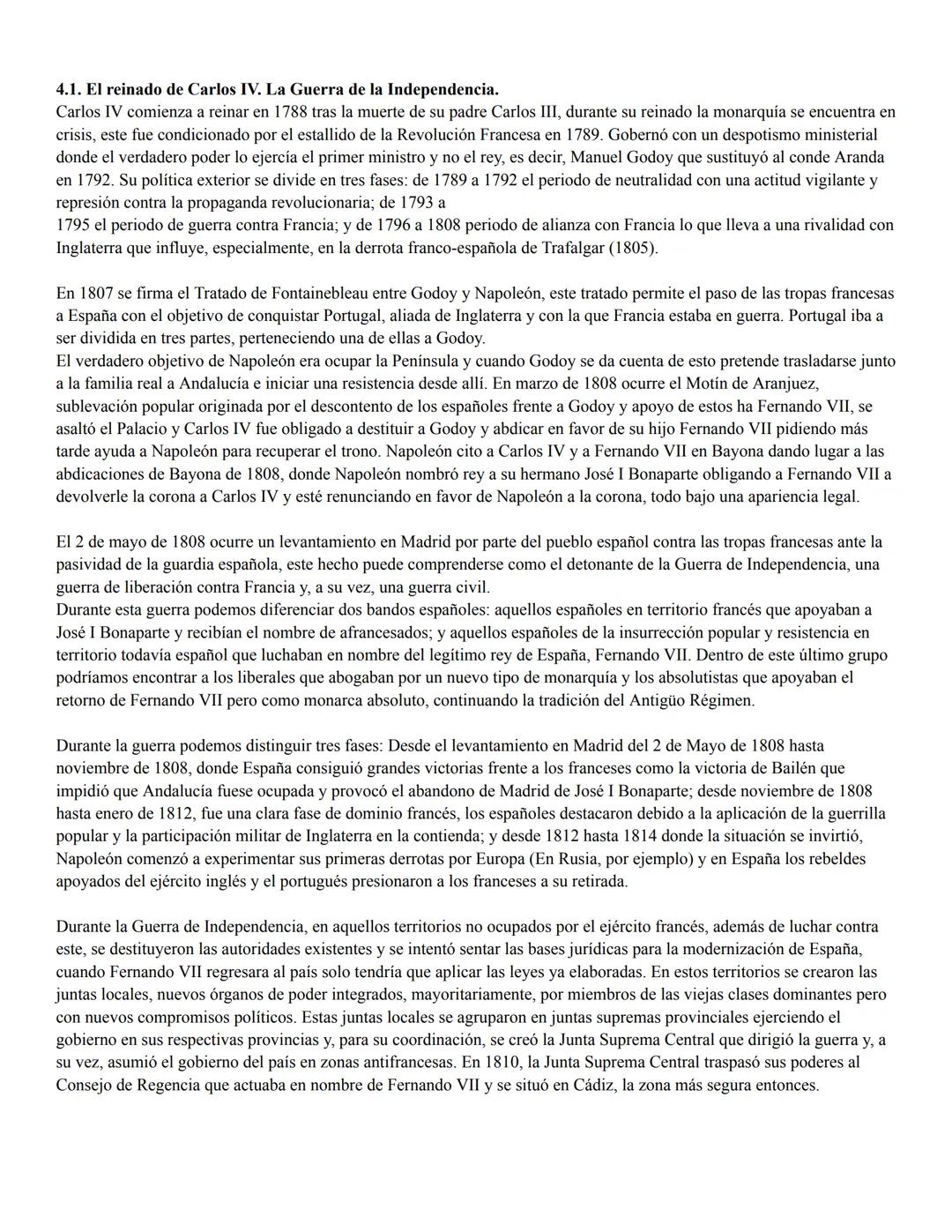 4.1. El reinado de Carlos IV. La Guerra de la Independencia.
Carlos IV comienza a reinar en 1788 tras la muerte de su padre Carlos III, dura