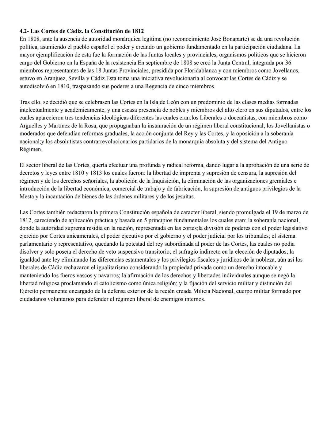 4.2- Las Cortes de Cádiz. la Constitución de 1812
En 1808, ante la ausencia de autoridad monárquica legítima (no reconocimiento José Bonapa