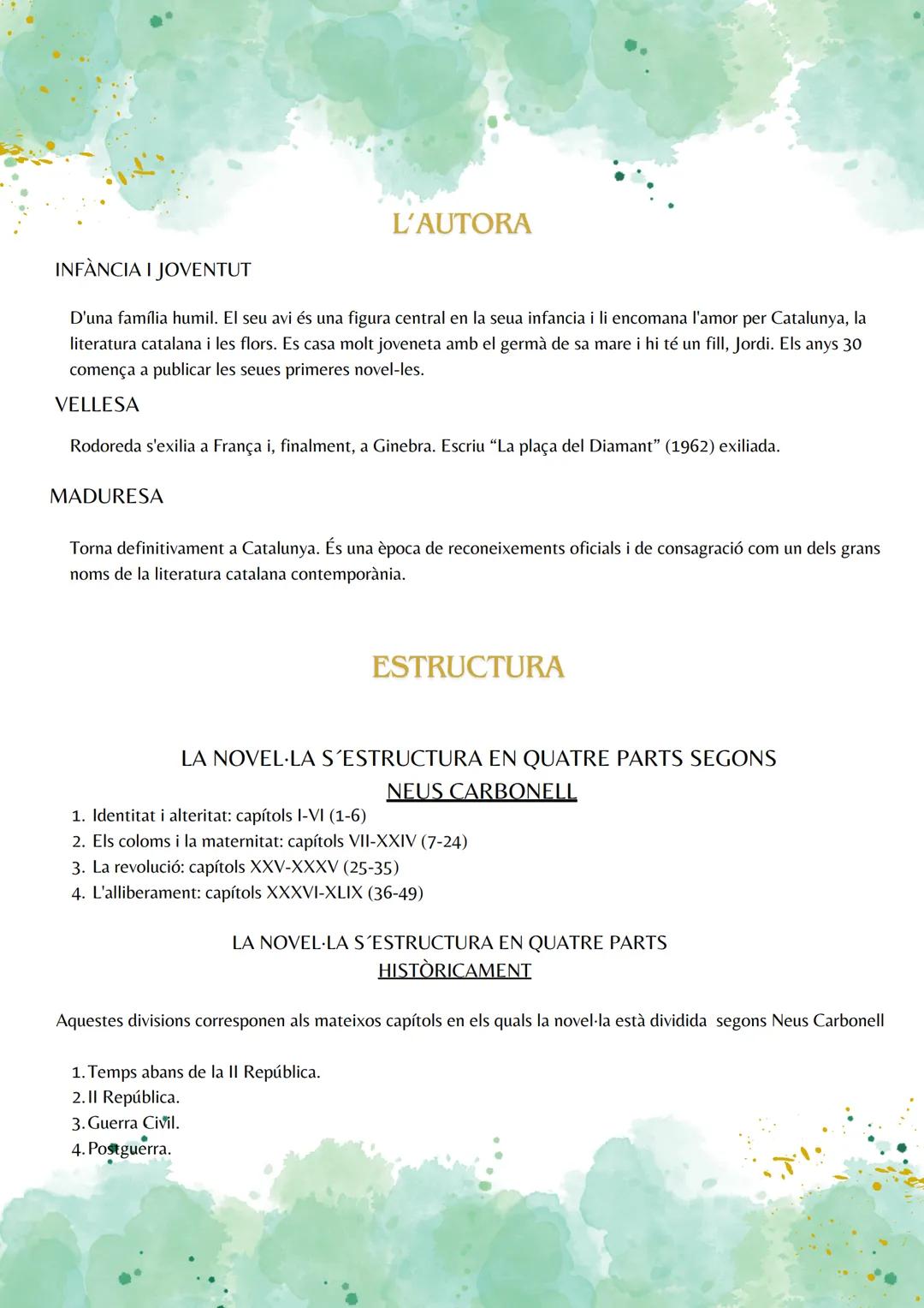# LA PLAÇA
## DEL
### DIAMANT
MERCE RODOREDA # L'AUTORA
INFÀNCIA I JOVENTUT
D'una família humil. El seu avi és una figura central en la s