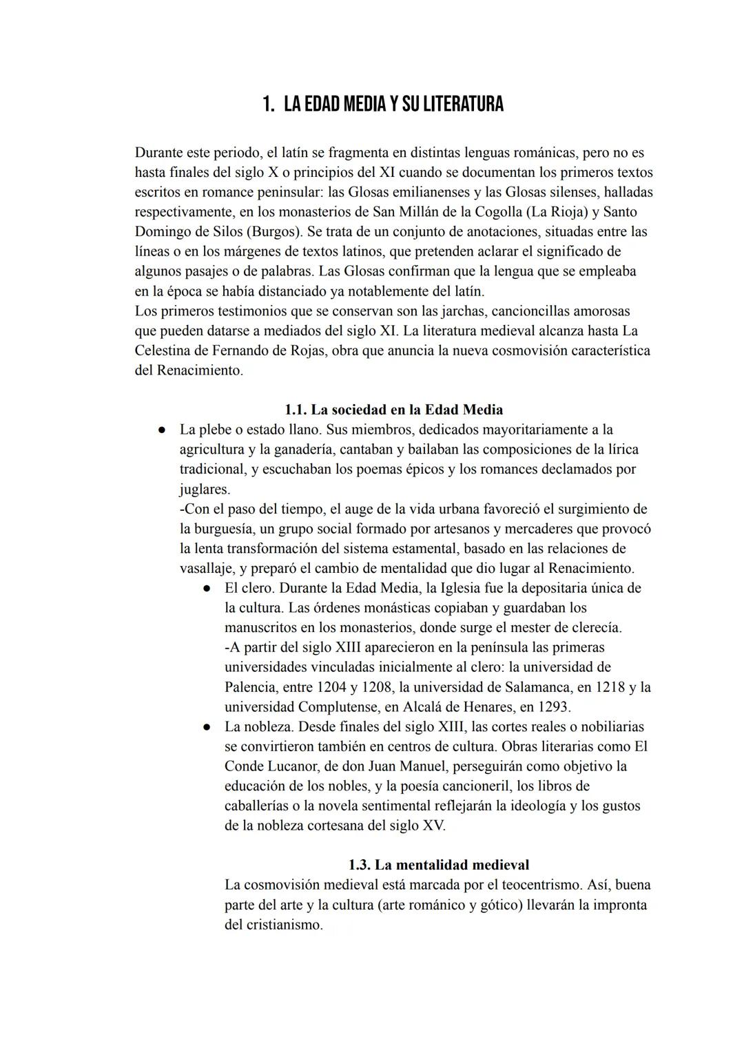 # 1. LA EDAD MEDIA Y SU LITERATURA
Durante este periodo, el latín se fragmenta en distintas lenguas románicas, pero no es
hasta finales del