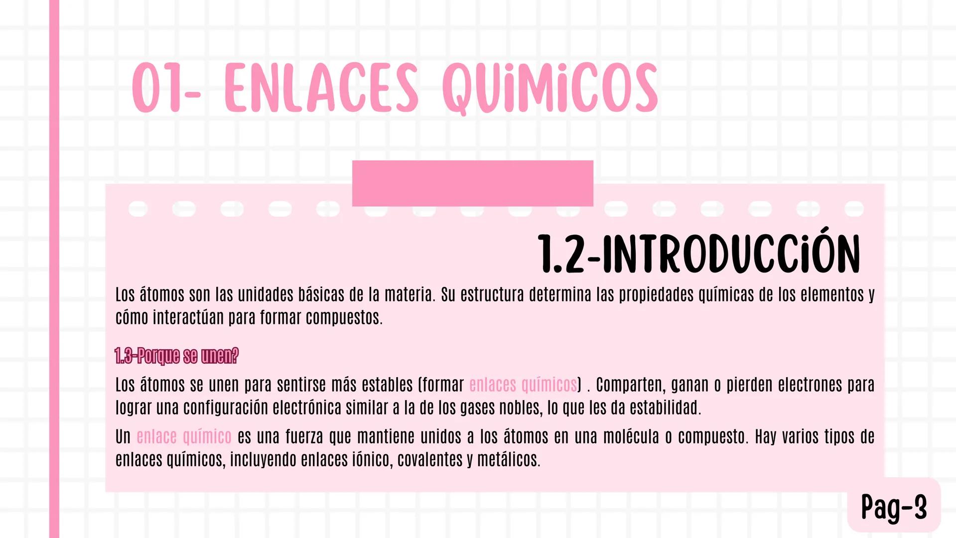Kira Morán Ibadango 3C
BLOQUE IV
COMPUESTOS QUÍMICOS
A 01.
Enlaces químico:
• 1.2 Introducción
CONTENIDO
Tipos de enlaces interatomicos:
⚫ 2
