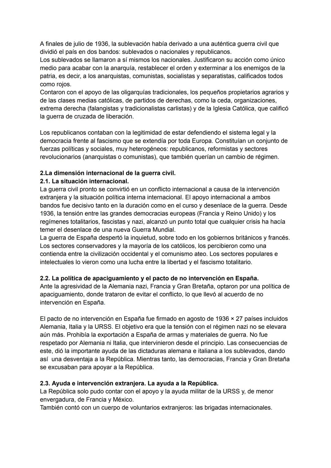 La sublevación militar y la guerra civil. Dimensión internacional del conflicto.
Evolución de las dos zonas y consecuencias de la guerra.
Í