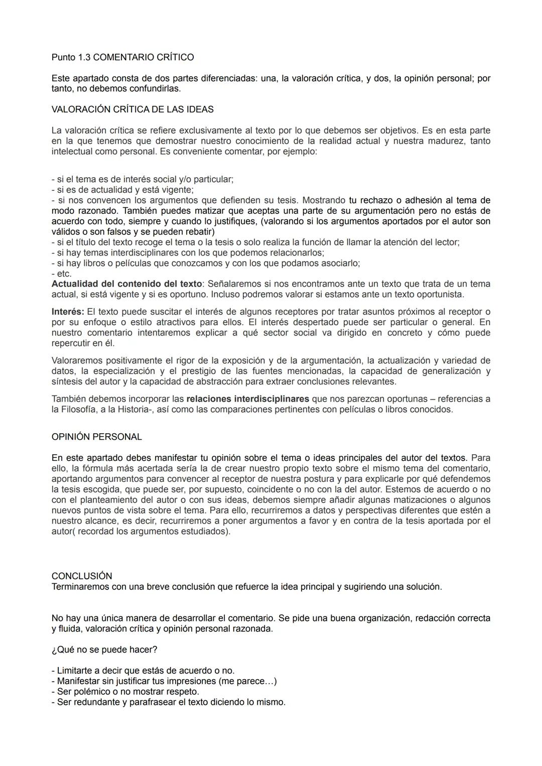# Punto 1.3 COMENTARIO CRÍTICO
Este apartado consta de dos partes diferenciadas: una, la valoración crítica, y dos, la opinión personal; po