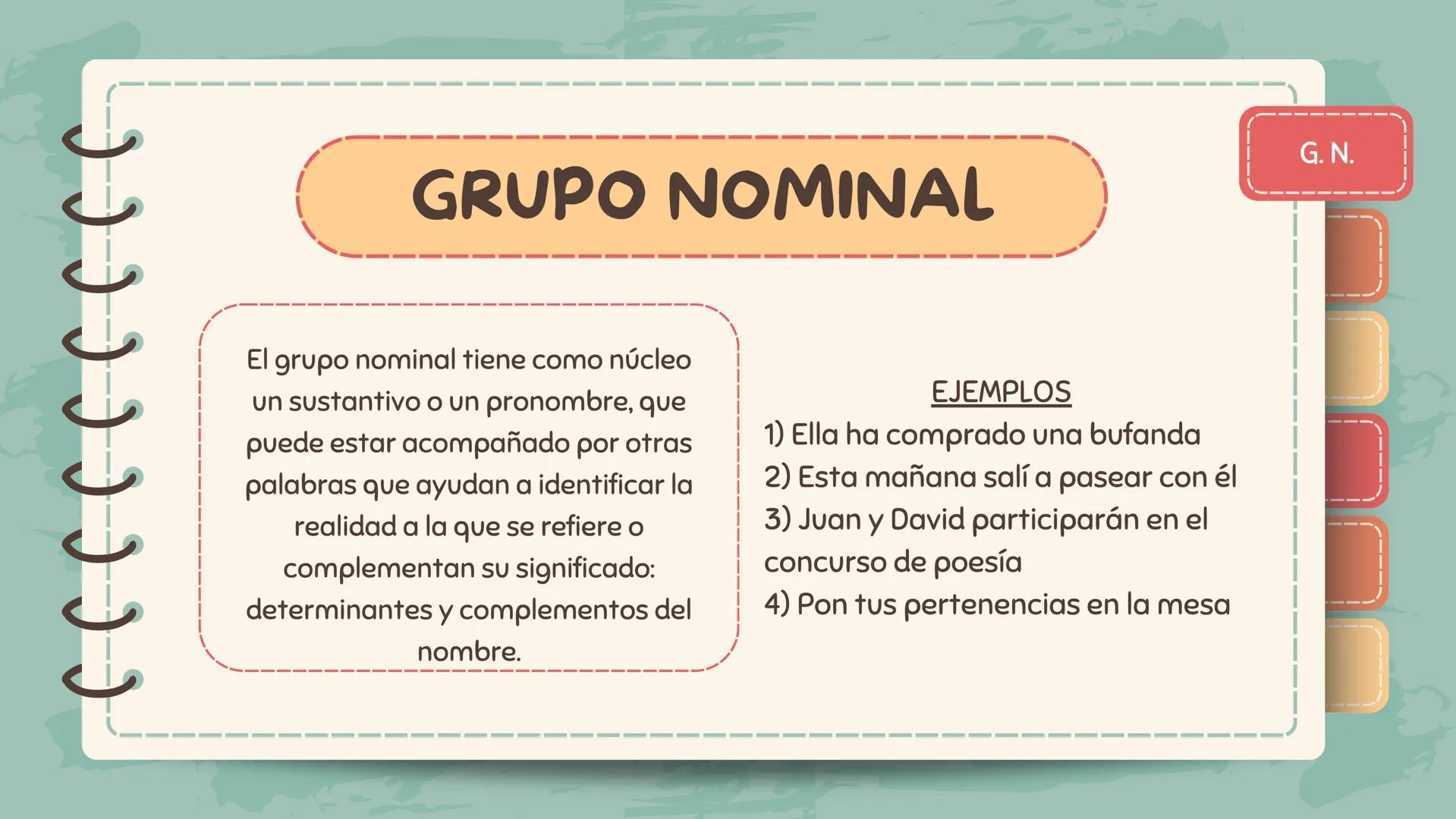 J J J J J J J J )
Lengua Castellana y Literatura
Grupos
sintácticos ССС
GRUPO NOMINAL
El grupo nominal tiene como núcleo
un sustantivo o un