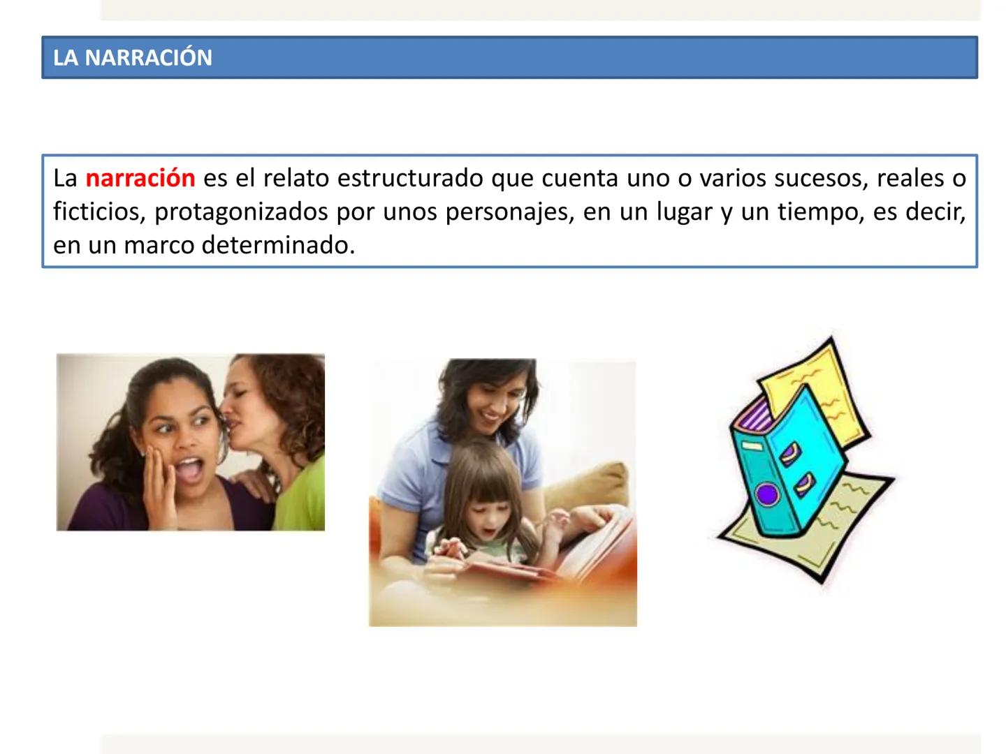 LA NARRACIÓN
Lengua Castellana y Literatura - 1º ESO LA NARRACIÓN
reales o
La narración es el relato estructurado que cuenta uno o varios su