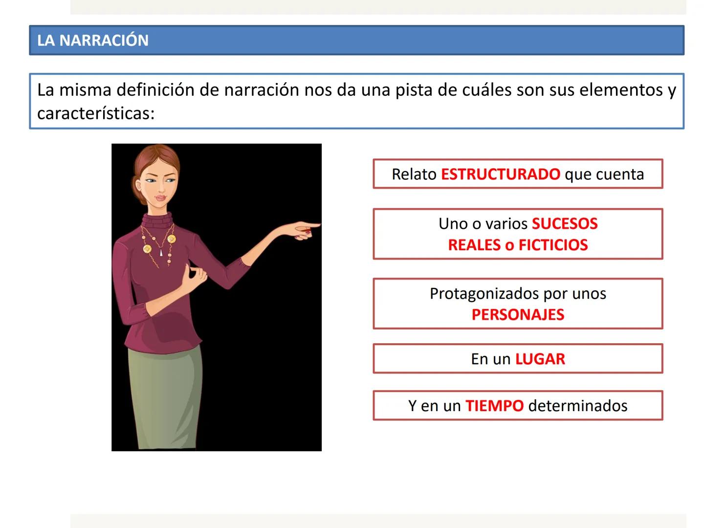 LA NARRACIÓN
Lengua Castellana y Literatura - 1º ESO LA NARRACIÓN
reales o
La narración es el relato estructurado que cuenta uno o varios su