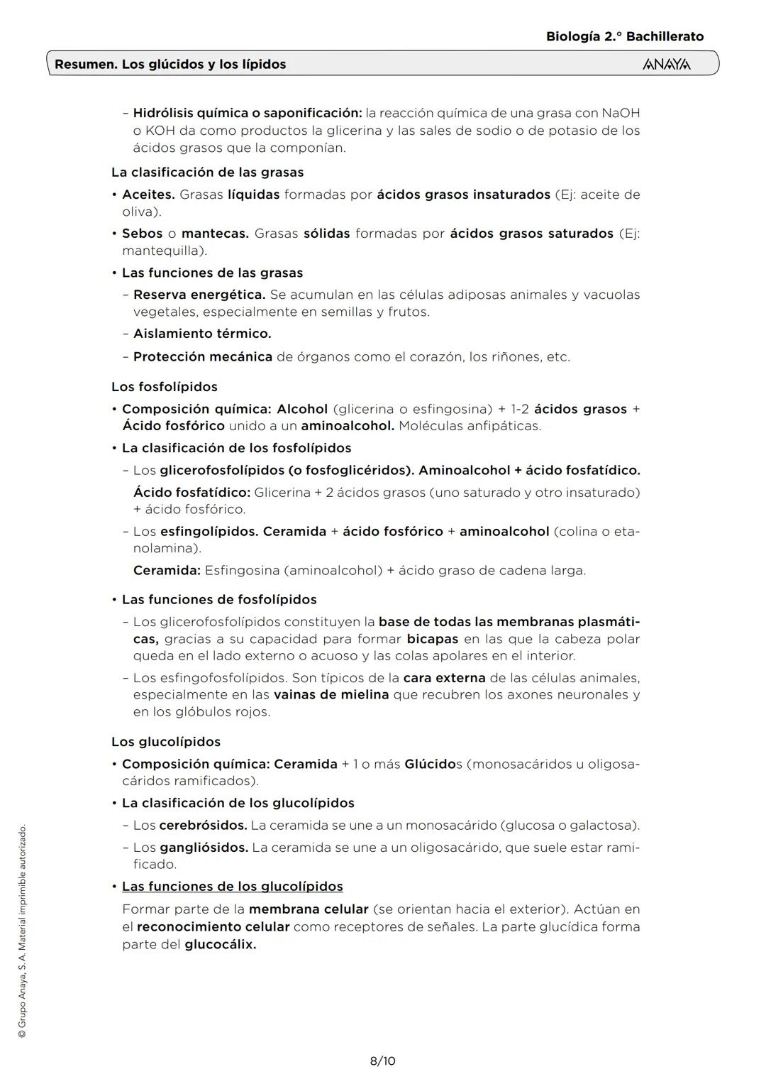 Grupo Anaya, S. A. Material imprimible autorizado.
Resumen. Los glúcidos y los lípidos
Biología 2.º Bachillerato
ANAYA
1. LAS CARACTERÍSTICA
