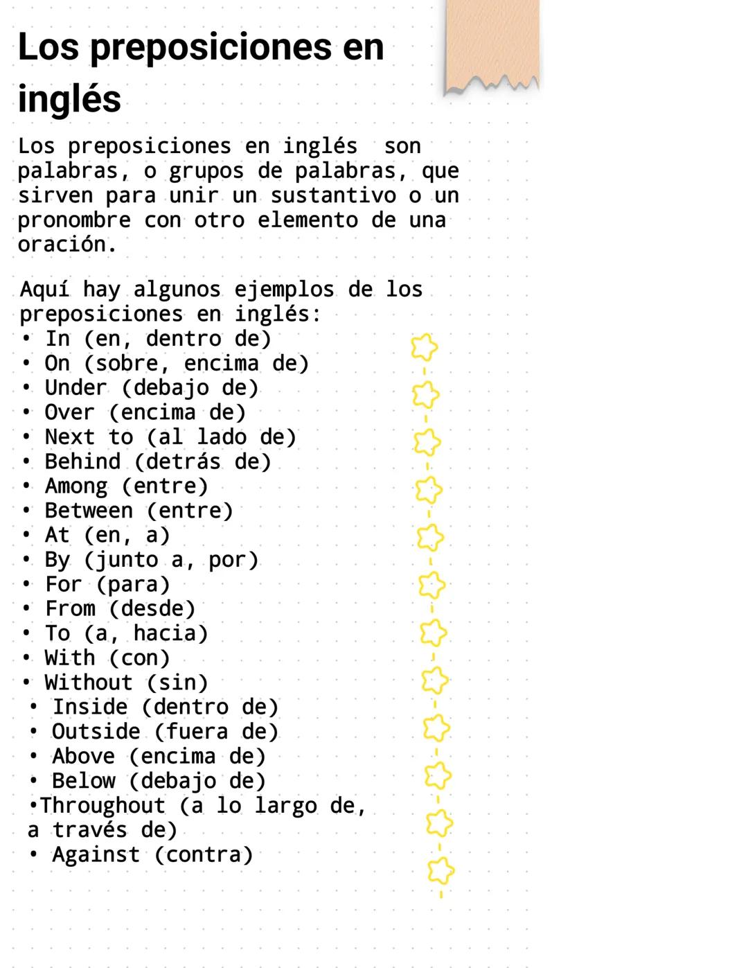 # Los preposiciones en
inglés
Los preposiciones en inglés son
palabras, o grupos de palabras, que
sirven para unir un sustantivo o un
prono