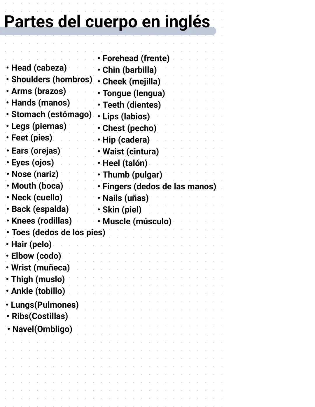 # Partes del cuerpo en inglés
- Head (cabeza) • Forehead (frente)
- Shoulders (hombros)• Chin (barbilla)
- Arms (brazos) • Cheek (mejilla)