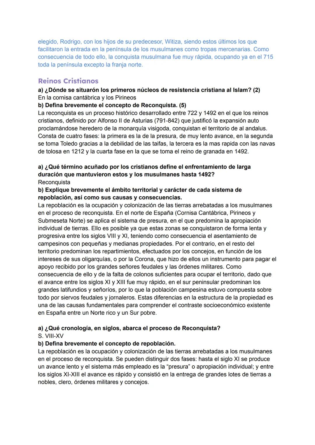 azul: se repite anteriormente
Edad Media (711 – 1479)
a) ¿Qué monarquía reinaba en la península en el año 711?
Monarquía Visigoda
b) Descri