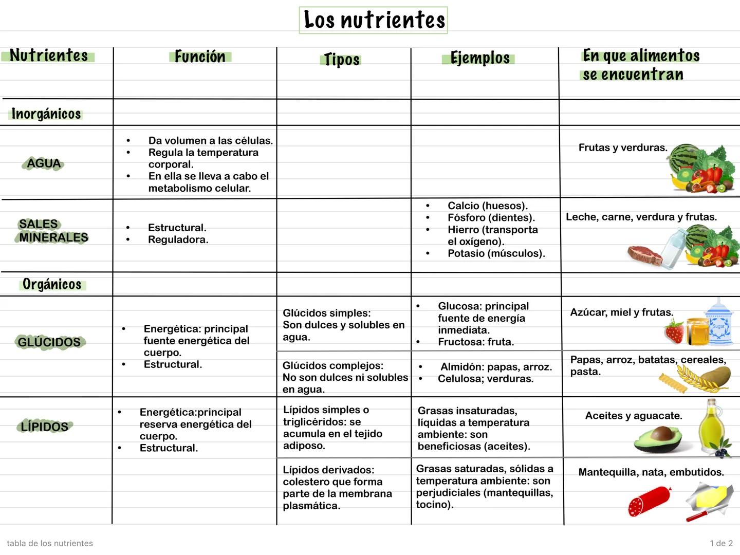 # Los nutrientes
| Nutrientes | Función | Tipos | Ejemplos | En que alimentos se encuentran |
| ----------- | ----------- | ----------- | -