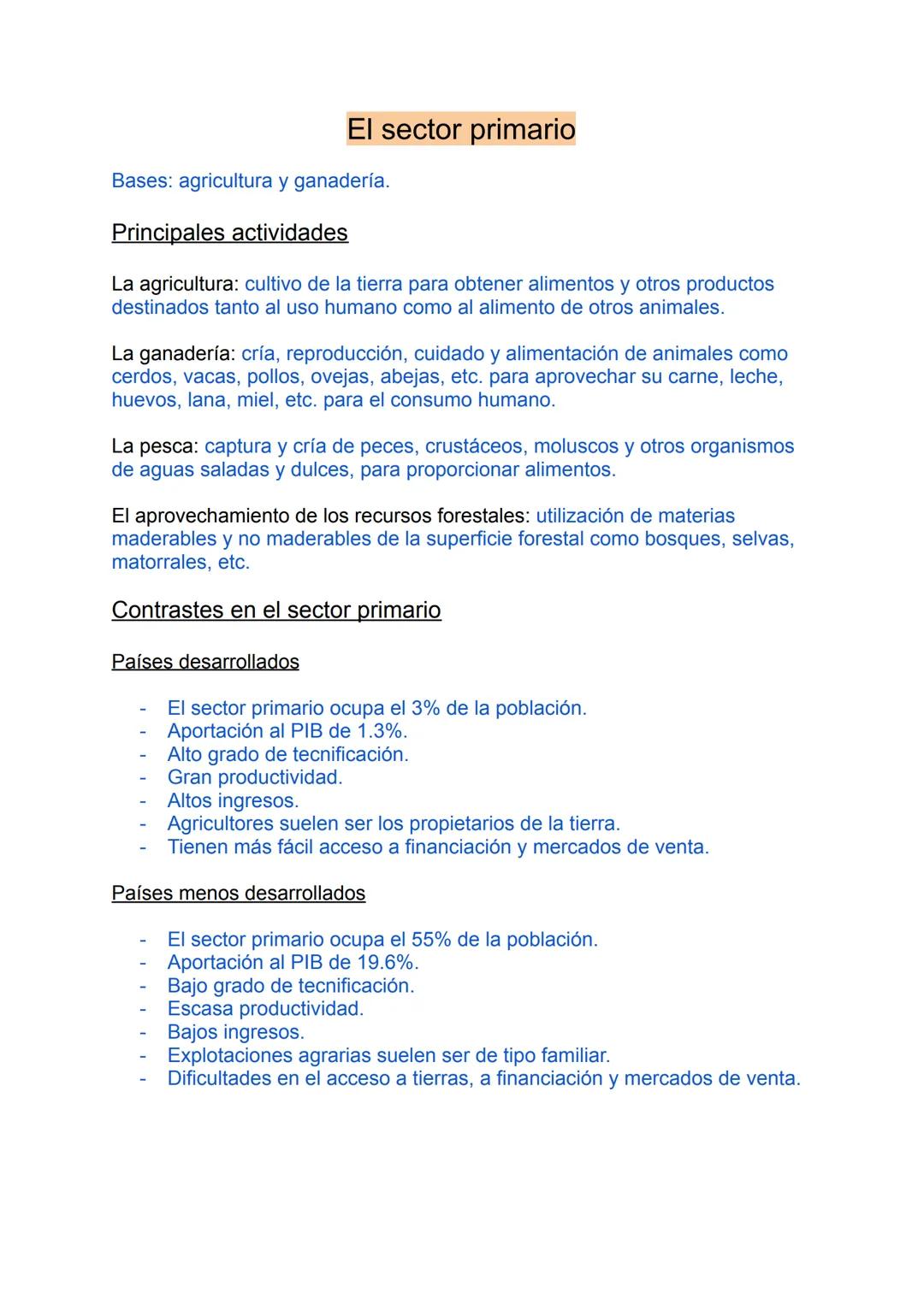 # El sector primario
Bases: agricultura y ganadería.
## Principales actividades
La agricultura: cultivo de la tierra para obtener aliment