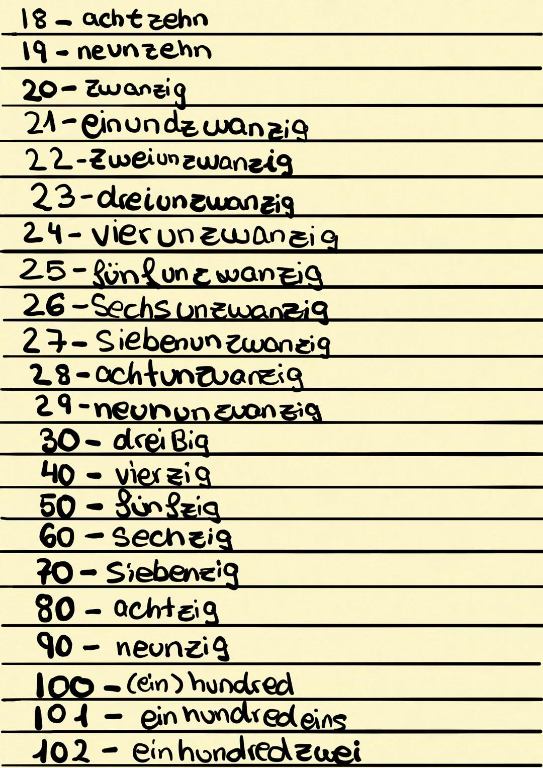 0-null
1-eins
2-Zwei
3-drei
4- vier
5-Sung
6-Sechs
7-Sieben
8-acht
9-neun
10- Zehn
11-ees
12-Zwölf
13- dreizehn
14- vierzehn
15-fünfzehn
16-