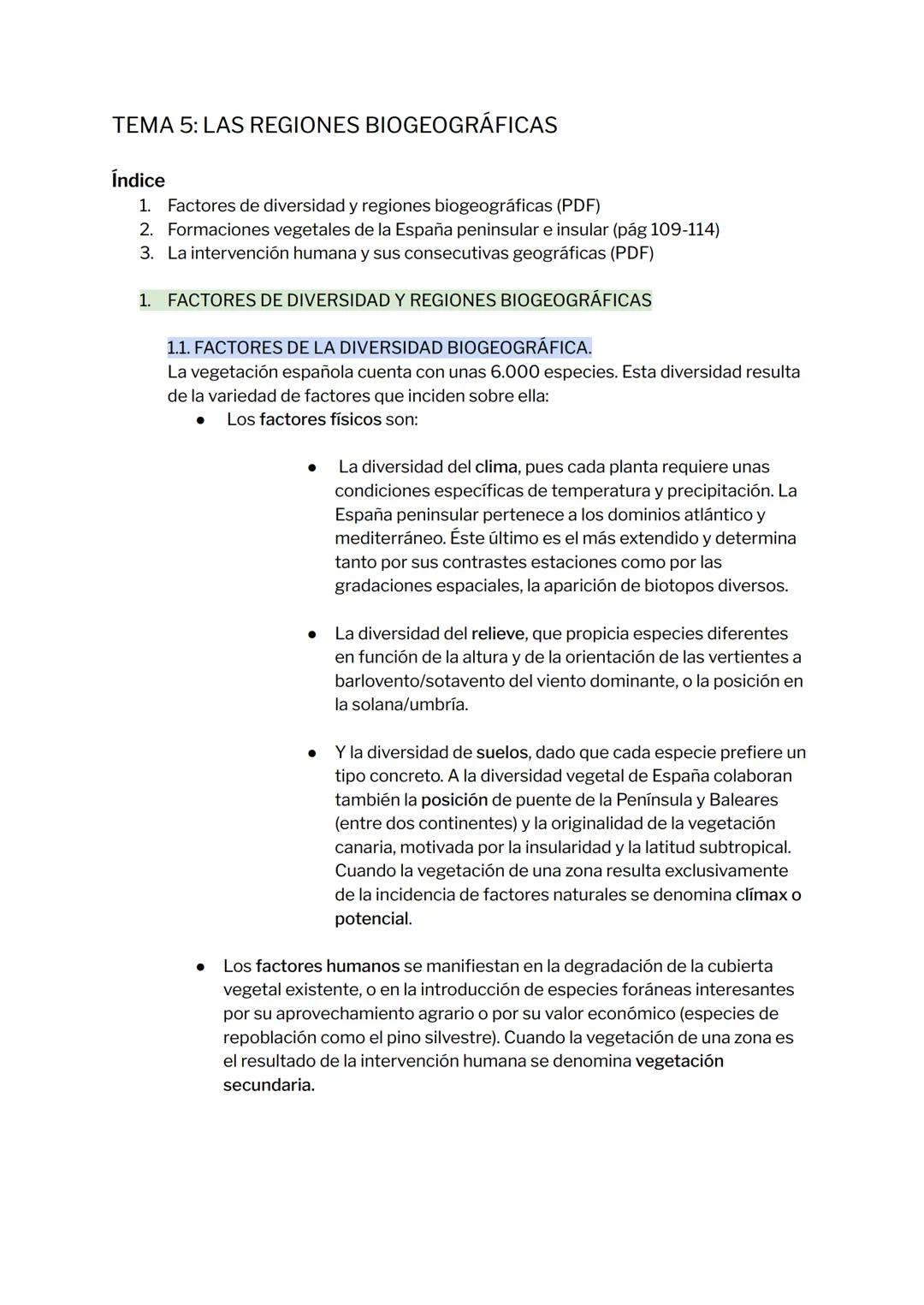 TEMA 5: LAS REGIONES BIOGEOGRÁFICAS
Índice
1. Factores de diversidad y regiones biogeográficas (PDF)
2. Formaciones vegetales de la España p