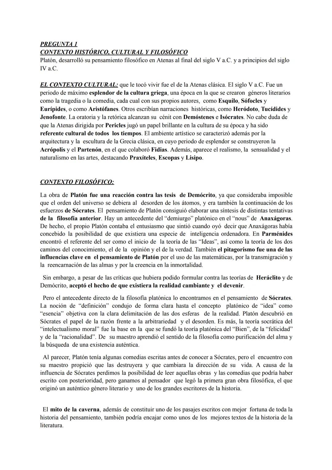 # PREGUNTA 1
CONTEXTO HISTÓRICO, CULTURAL Y FILOSÓFICO
Platón, desarrolló su pensamiento filosófico en Atenas al final del siglo V a.C. y a