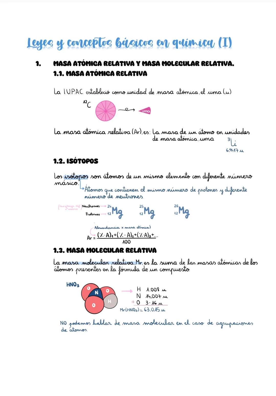 # Leyes y conceptos básicos en quimica (I)
1. MASA ATÓMICA RELATIVA Y MASA MOLECULAR RELATIVA.
1.1. MASA ATÓMICA RELATIVA
La IUPAC estable
