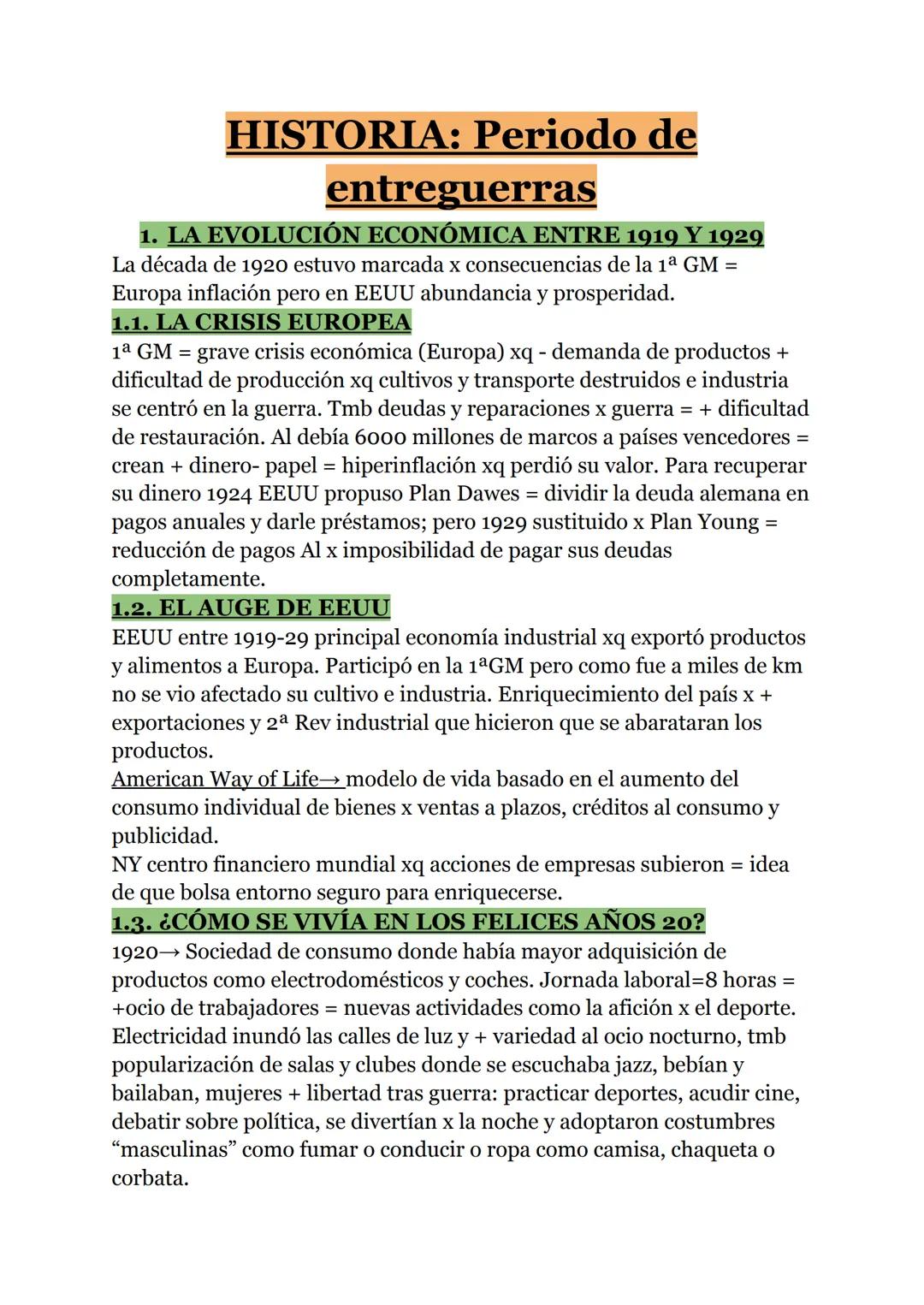 # HISTORIA: Periodo de
entreguerras
1. LA EVOLUCIÓN ECONÓMICA ENTRE 1919 Y 1929
La década de 1920 estuvo marcada x consecuencias de la 1ª