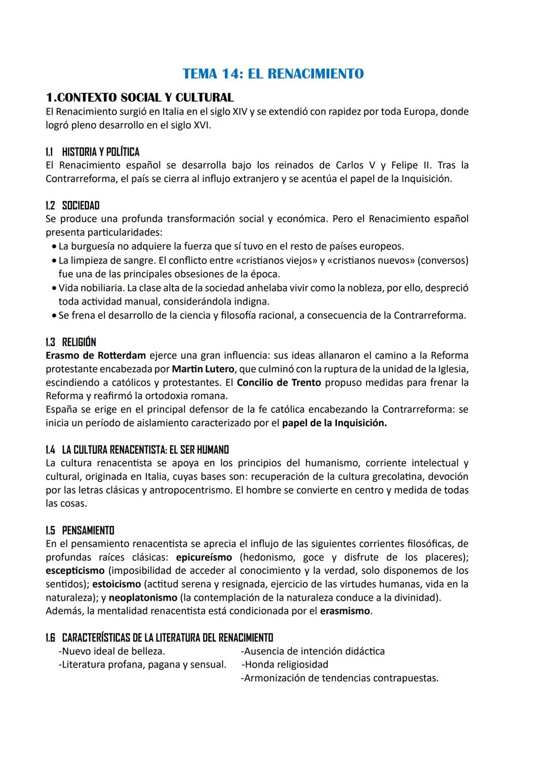 # TEMA 14: EL RENACIMIENTO
1.CONTEXTO SOCIAL Y CULTURAL
El Renacimiento surgió en Italia en el siglo XIV y se extendió con rapidez por toda