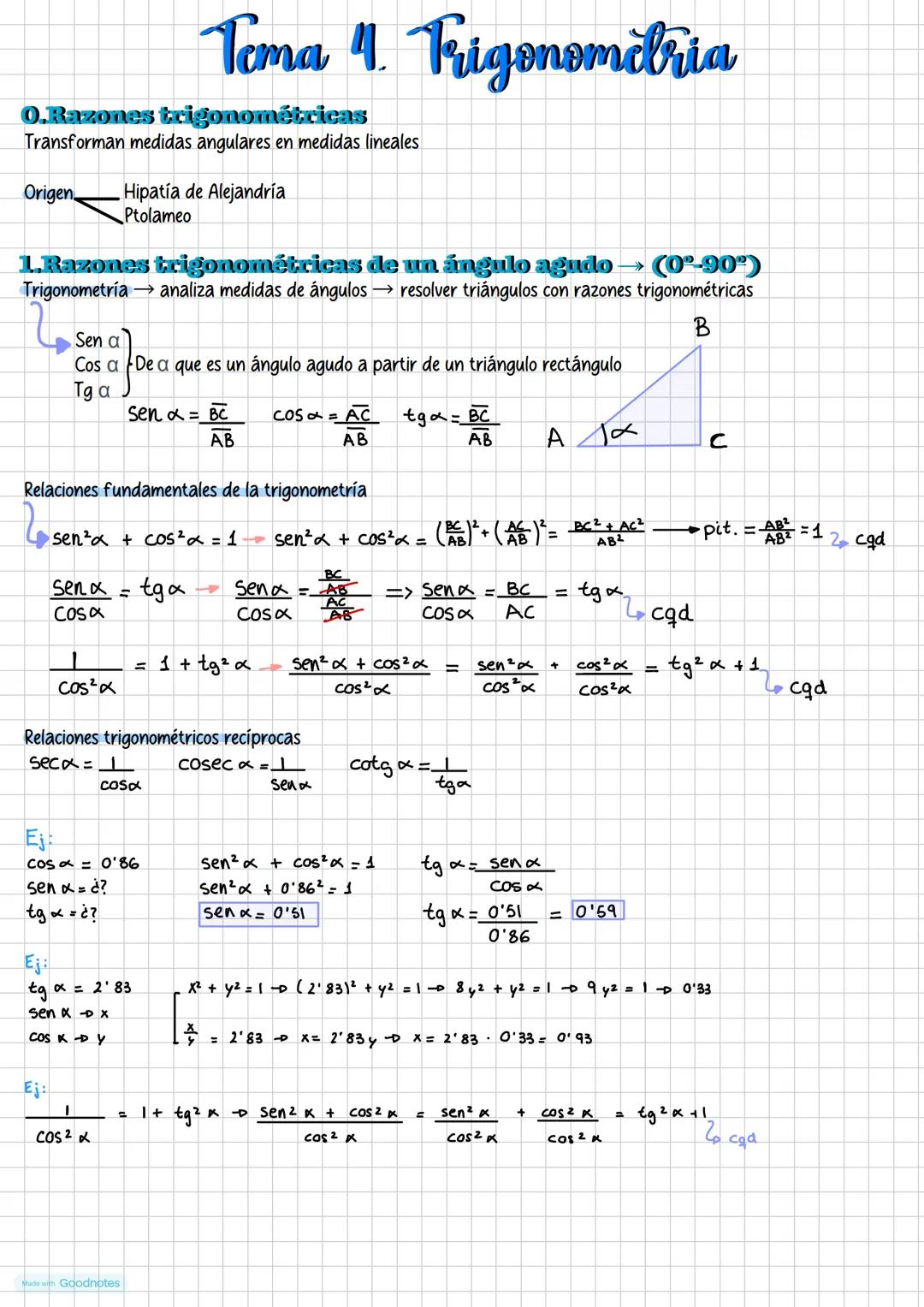 Tema 14. Trigonometria
O.Razones trigonométricas
Transforman medidas angulares en medidas lineales
Origen Hipatía de Alejandría
Ptolameo
1.R