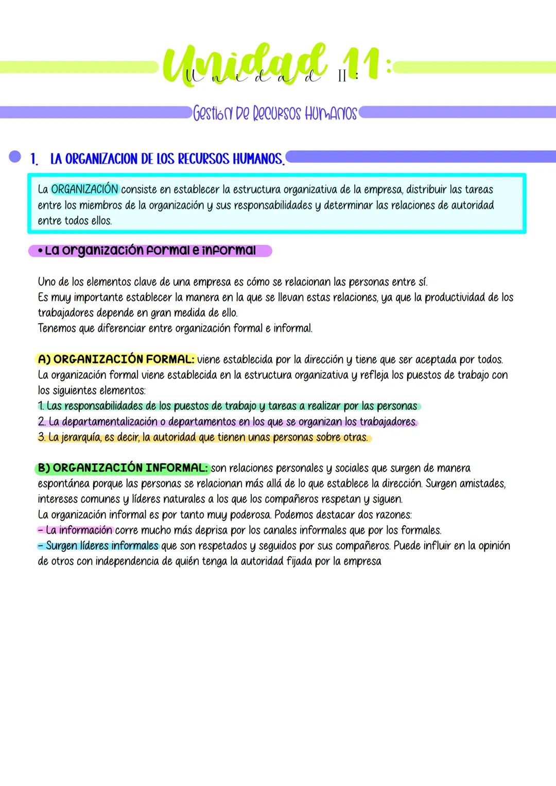 # Unidad 11:
Gestion De RECURSOS HUMANOS
1. LA ORGANIZACION DE LOS RECURSOS HUMANOS.
La ORGANIZACIÓN consiste en establecer la estructura