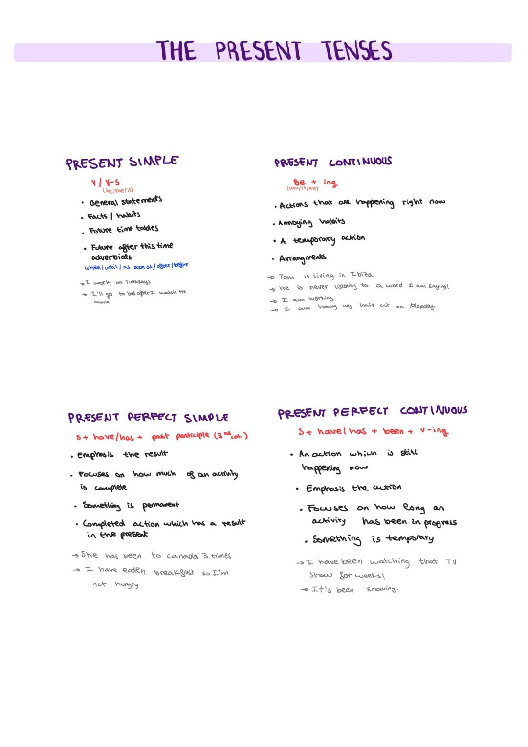 THE PRESENT TENSES
PRESENT SIMPLE
V/V-S
(he/she/it
• General statements
• Facts / habits
Future time tables
• Future after this time
adverbi