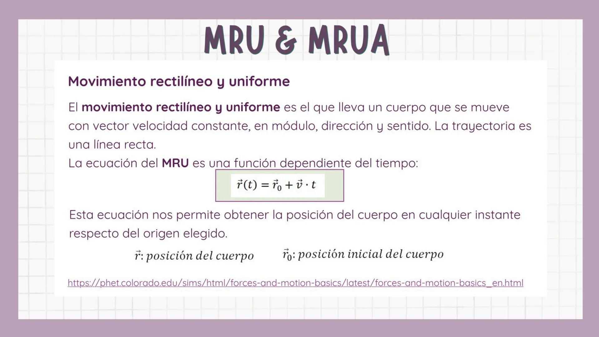# MRU & MRUA
Movimiento rectilíneo y uniforme
El movimiento rectilíneo y uniforme es el que lleva un cuerpo que se mueve
con vector veloci