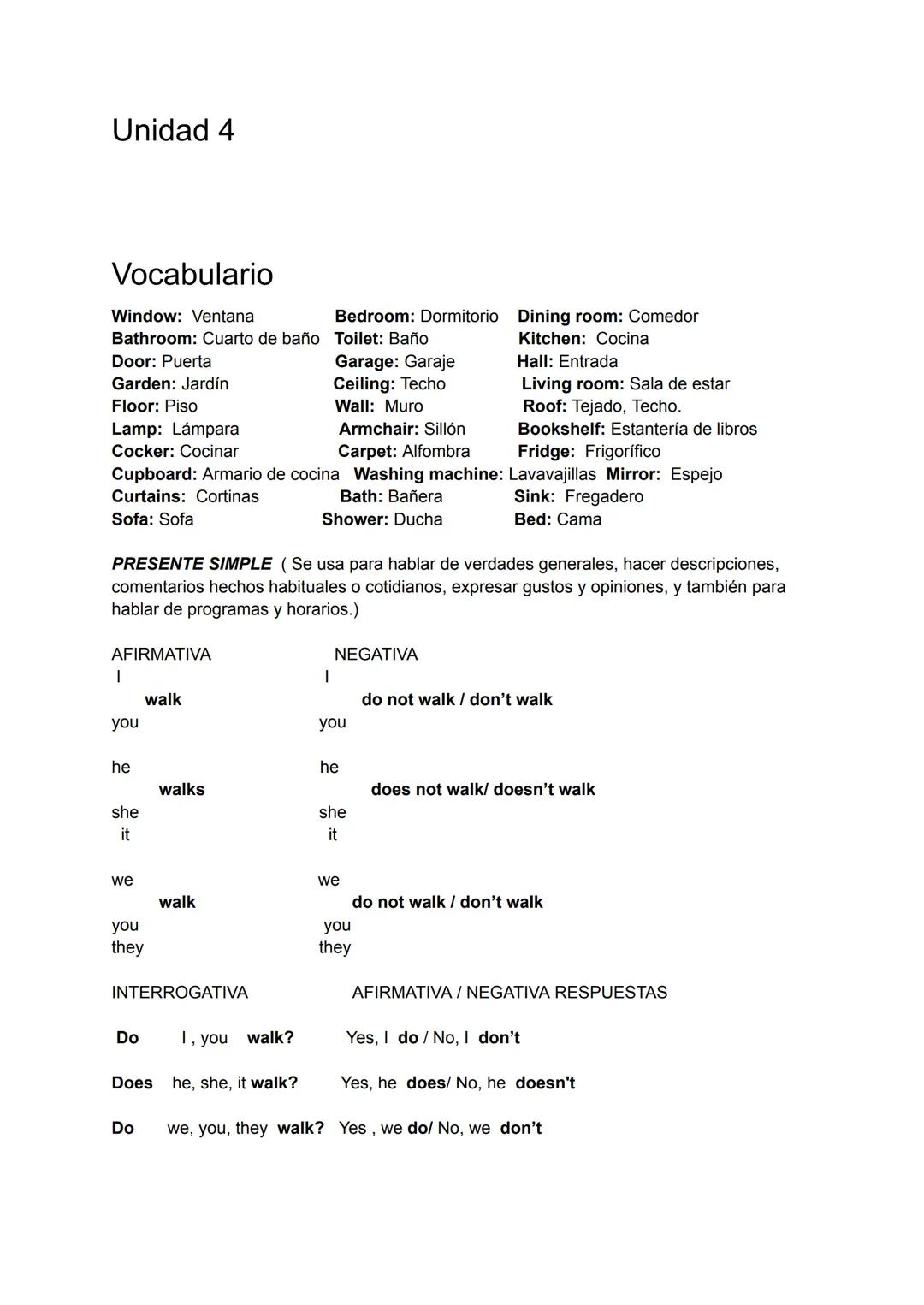 Unidad 1
Vocabulario
Chair: Silla
Dictionary: Diccionario
Pencil: Lápiz
Desk: Escritorio
Notebook: Cuaderno
Pen: Bolígrafo
Book: Libro
Boa