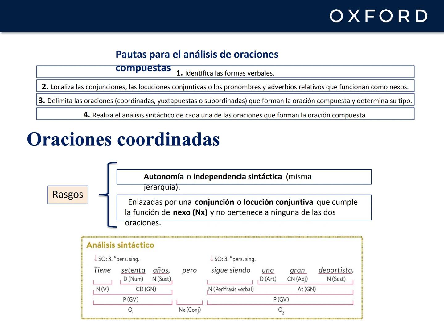 # OXFORD
# UNIDAD 8. La oración compuesta
# Lengua castellana y Literatura
## 1º Bachillerato # OXFORD
# La oración compuesta
Una oració