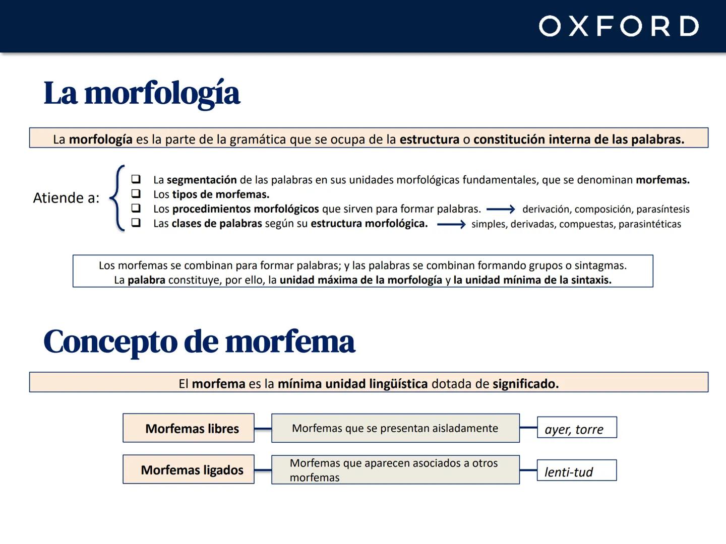OXFORD
UNIDAD 5. Morfología y semántica
Lengua castellana y Literatura
1º Bachillerato OXFORD
La morfología
La morfología es la parte de la