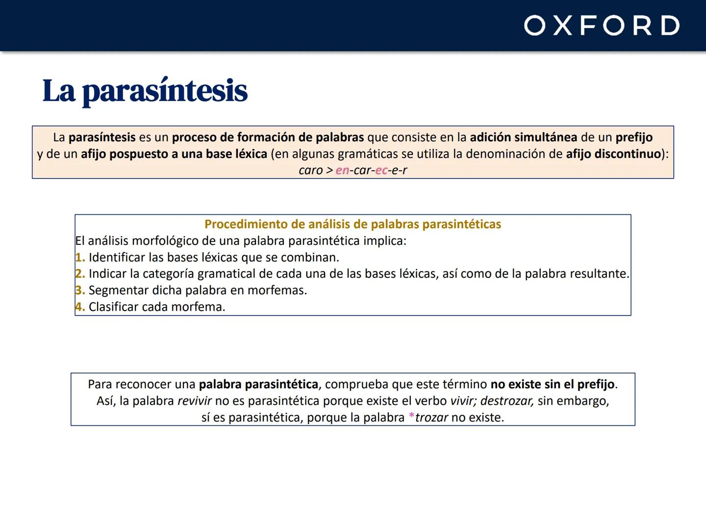 OXFORD
UNIDAD 5. Morfología y semántica
Lengua castellana y Literatura
1º Bachillerato OXFORD
La morfología
La morfología es la parte de la