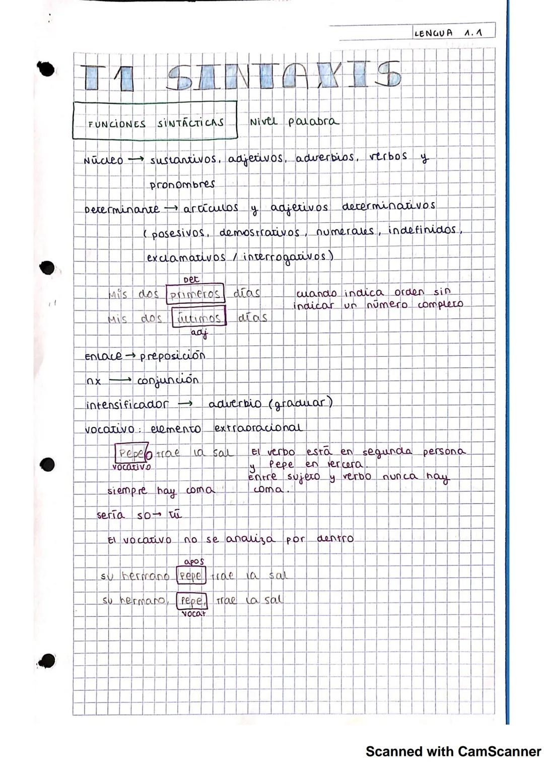 IT SINTAXIS
FUNCIONES SINTÁCTICAS
Nivel palabra
LENGUA 1.Λ
Núcleo sustantivos, adjetivos, adverbios, verbos y
pronombres.
Determinante