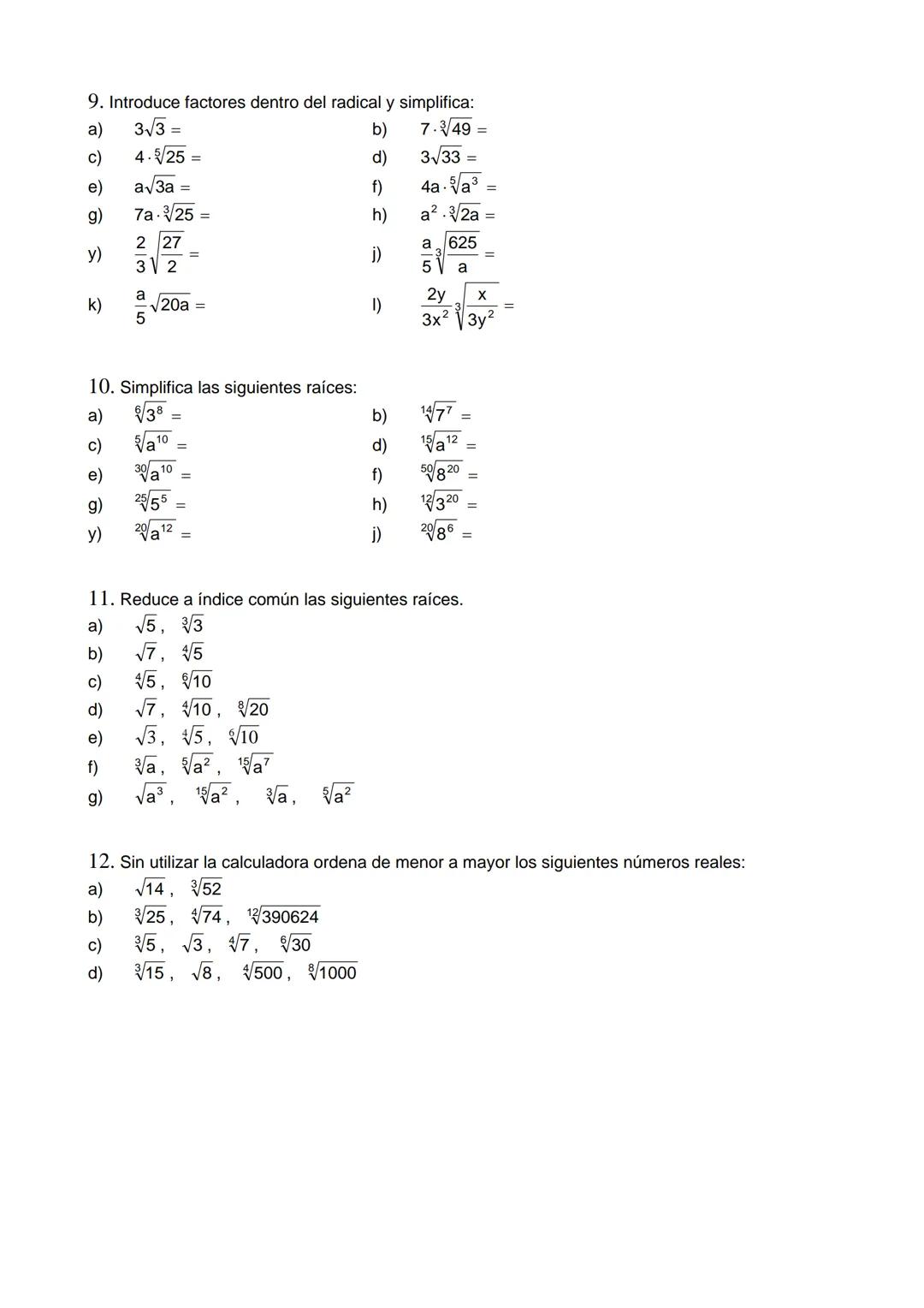 Potencias y Radicales
Potencias de exponente natural
Sea ae R~{0} neN Definimos a₁ = a......
(n
...... a
Ejemplo: 34 3.3.3.3=81, (-2)5 = (-2