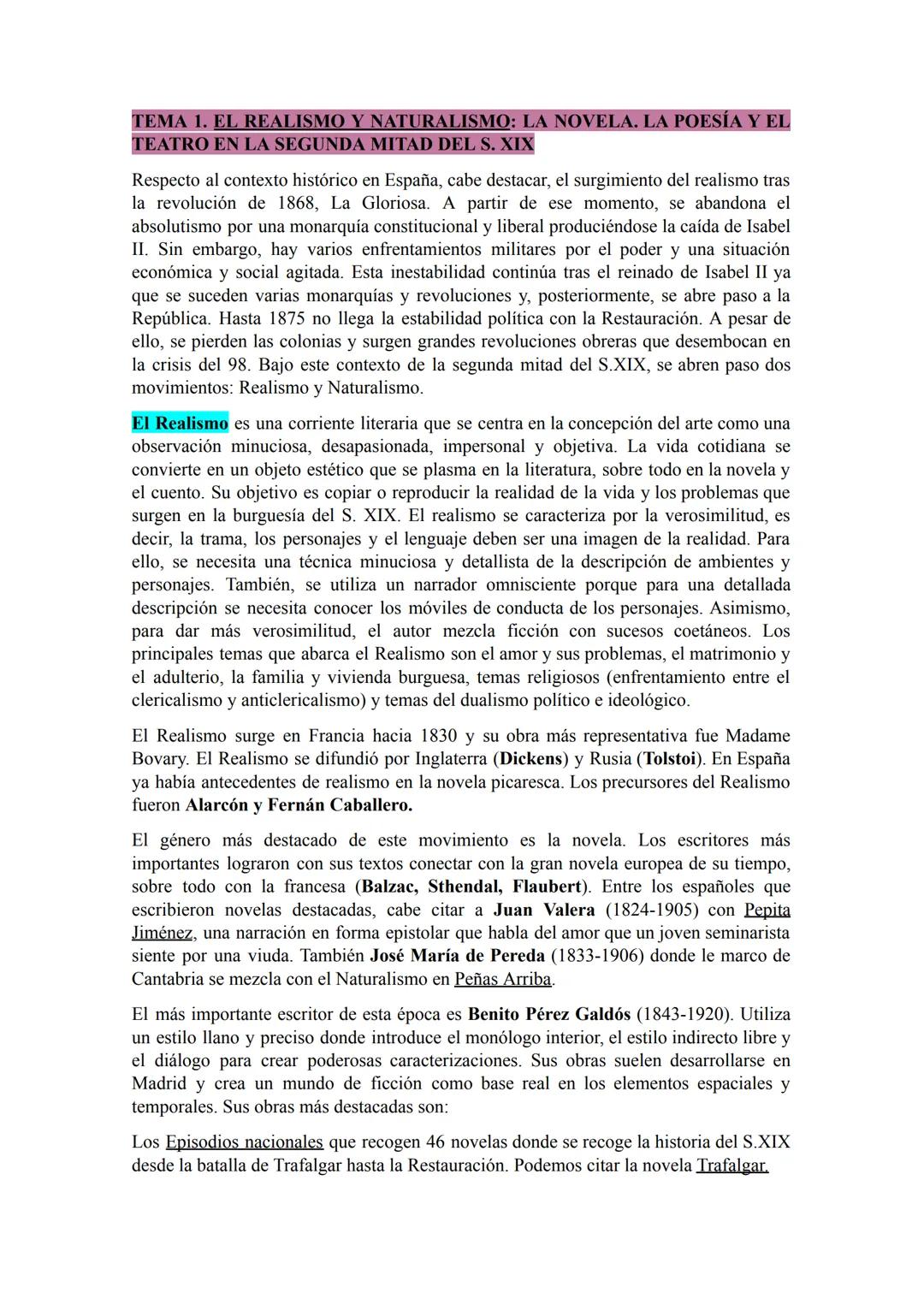 TEMA 1. EL REALISMO Y NATURALISMO: LA NOVELA. LA POESÍA Y EL
TEATRO EN LA SEGUNDA MITAD DEL S. XIX
Respecto al contexto histórico en España,