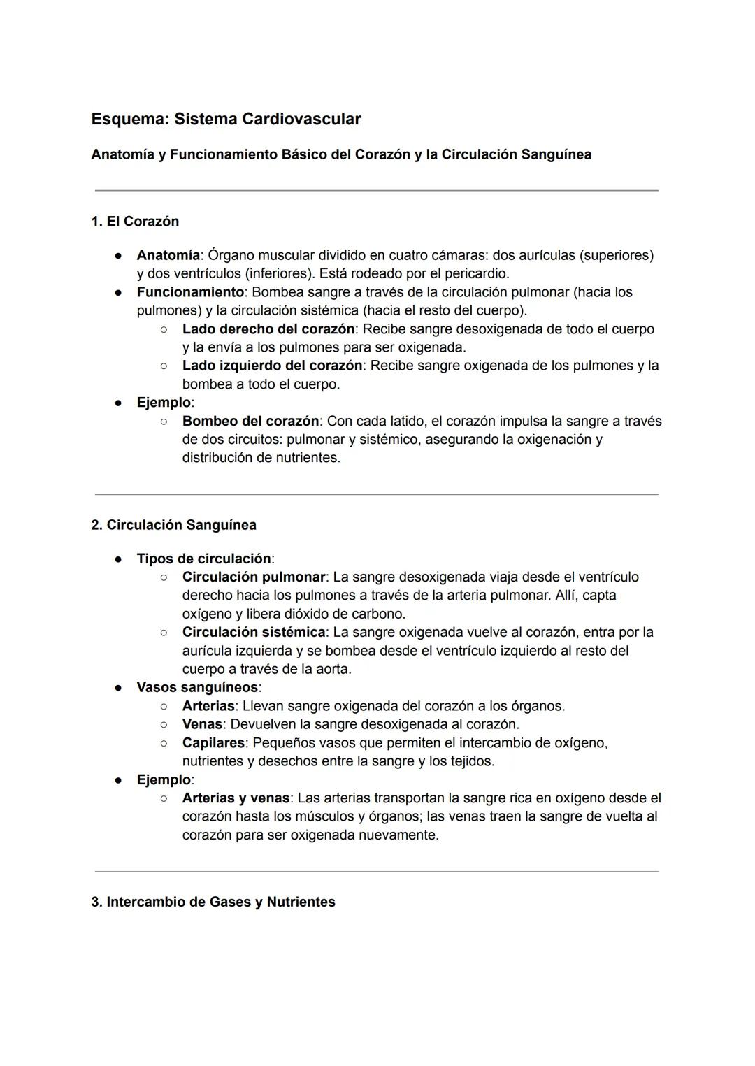 Esquema: Sistema Cardiovascular
Anatomía y Funcionamiento Básico del Corazón y la Circulación Sanguínea
1. El Corazón
•
Anatomía: Órgano mus