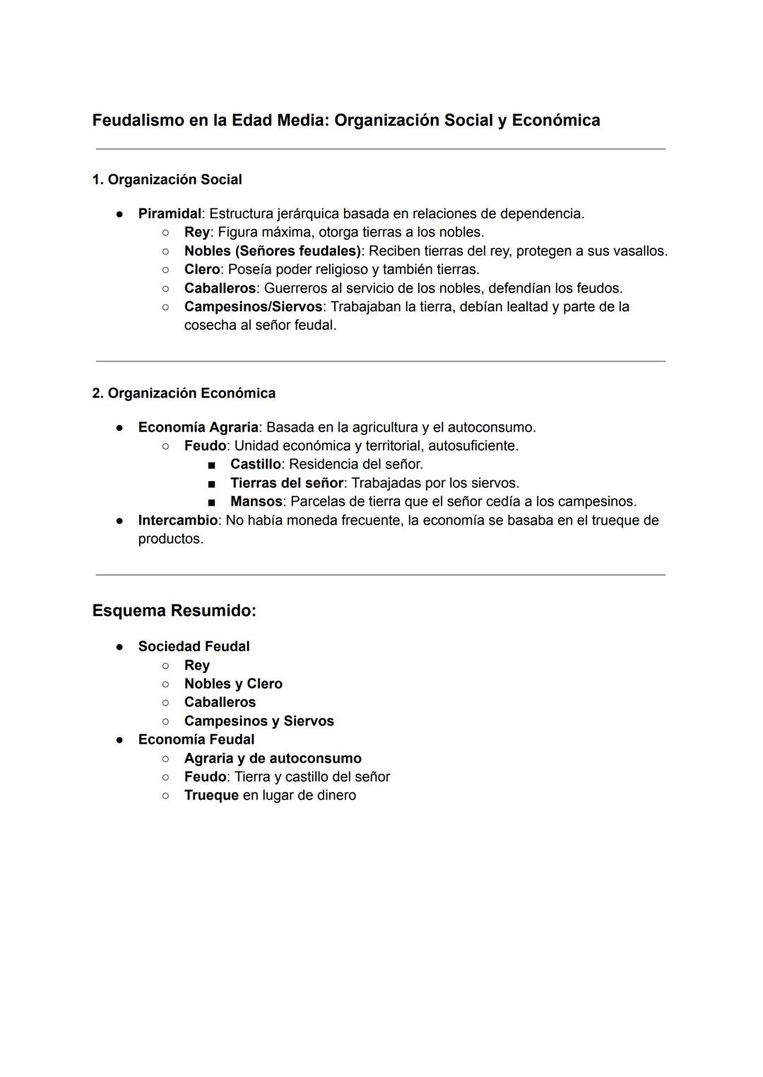 Feudalismo en la Edad Media: Organización Social y Económica
1. Organización Social
* Piramidal: Estructura jerárquica basada en relacio