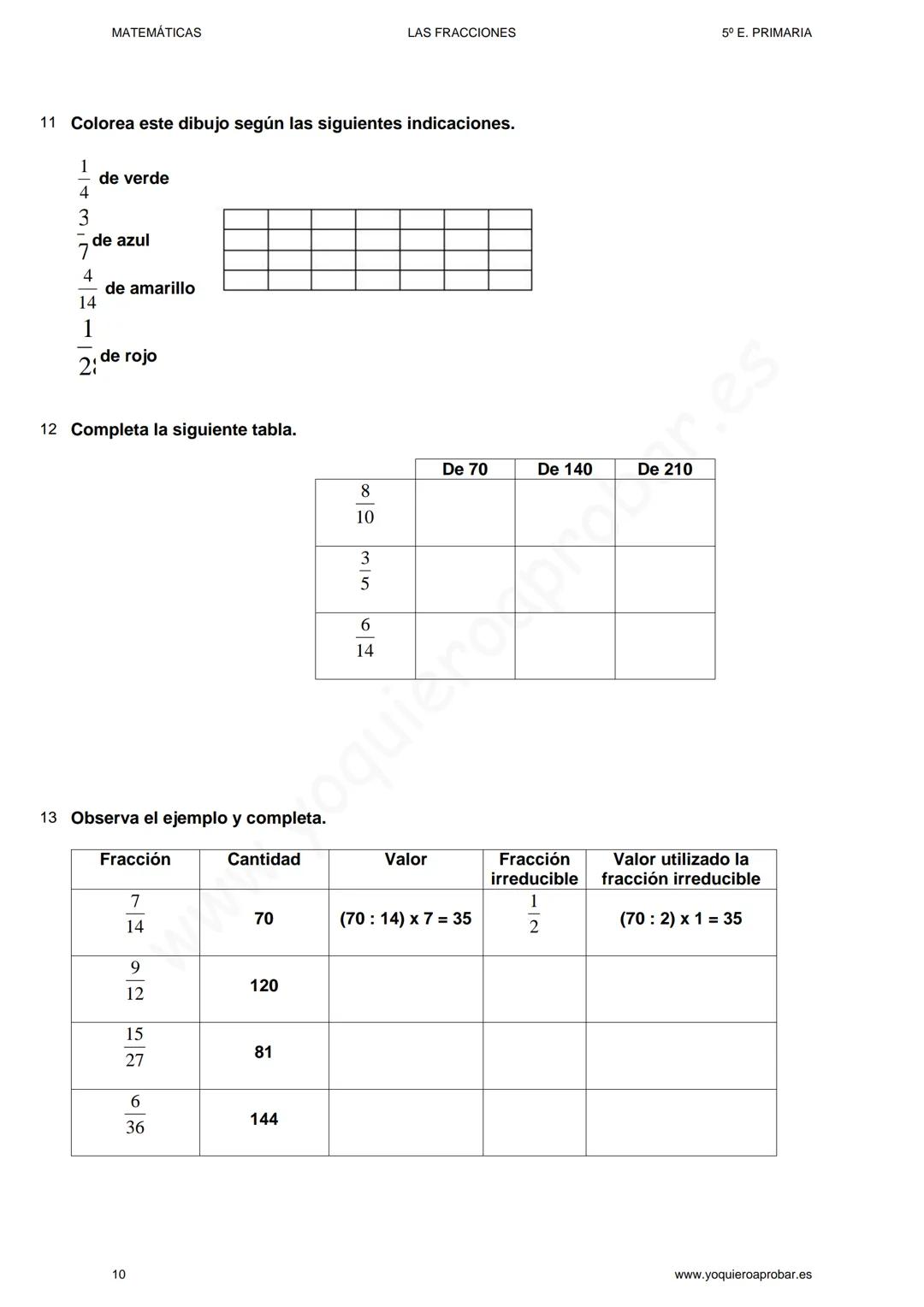 MATEMÁTICAS
LAS FRACCIONES
5° E. PRIMARIA
LAS FRACCIONES
EJERCICIOS + SOLUCIONARIO
Lectura y escrituras de fracciones
1
Escribe las siguient