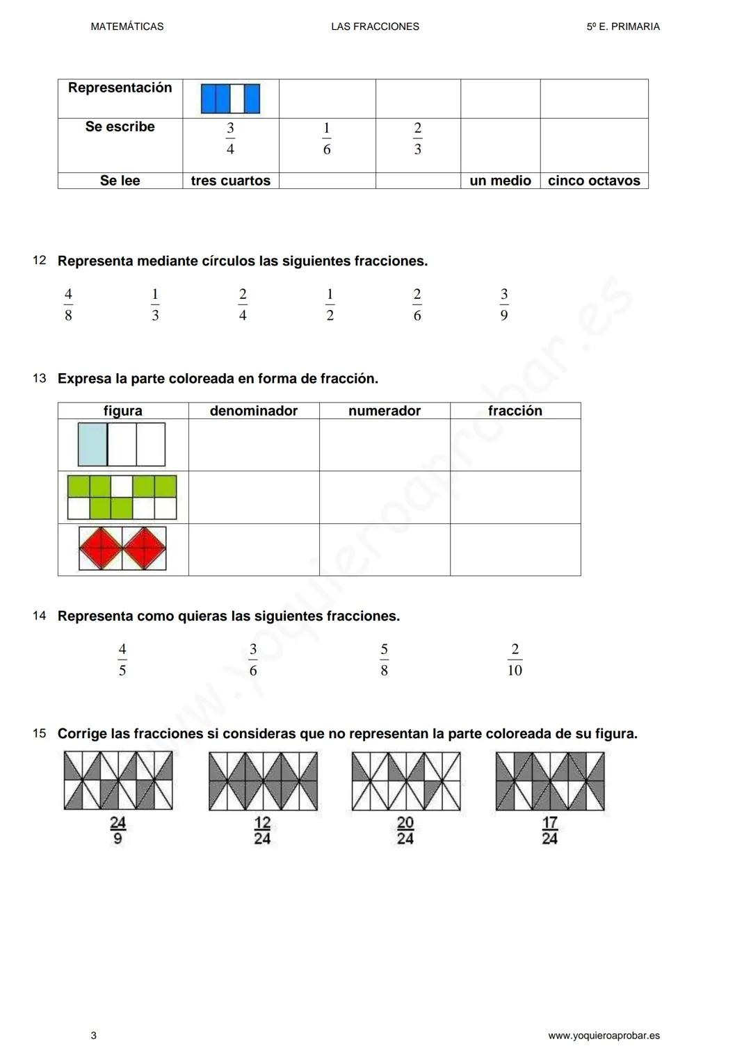 MATEMÁTICAS
LAS FRACCIONES
5° E. PRIMARIA
LAS FRACCIONES
EJERCICIOS + SOLUCIONARIO
Lectura y escrituras de fracciones
1
Escribe las siguient