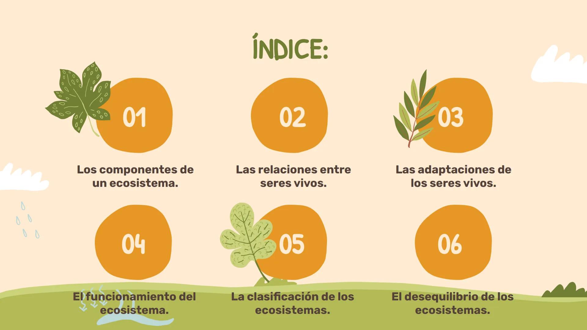 # Los ecosistemas.
## Tema 1.
1º ESO ÍNDICE:
01
Los componentes de
un ecosistema.
02
Las relaciones entre
seres vivos.
03
Las adaptac