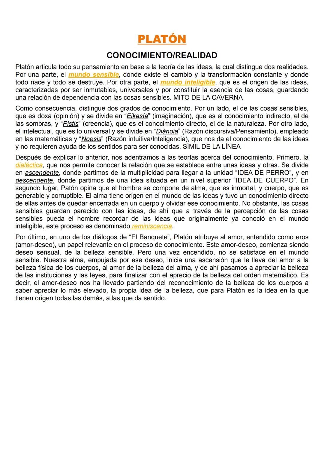 PLATÓN
CONOCIMIENTO/REALIDAD
Platón articula todo su pensamiento en base a la teoría de las ideas, la cual distingue dos realidades.
Por una