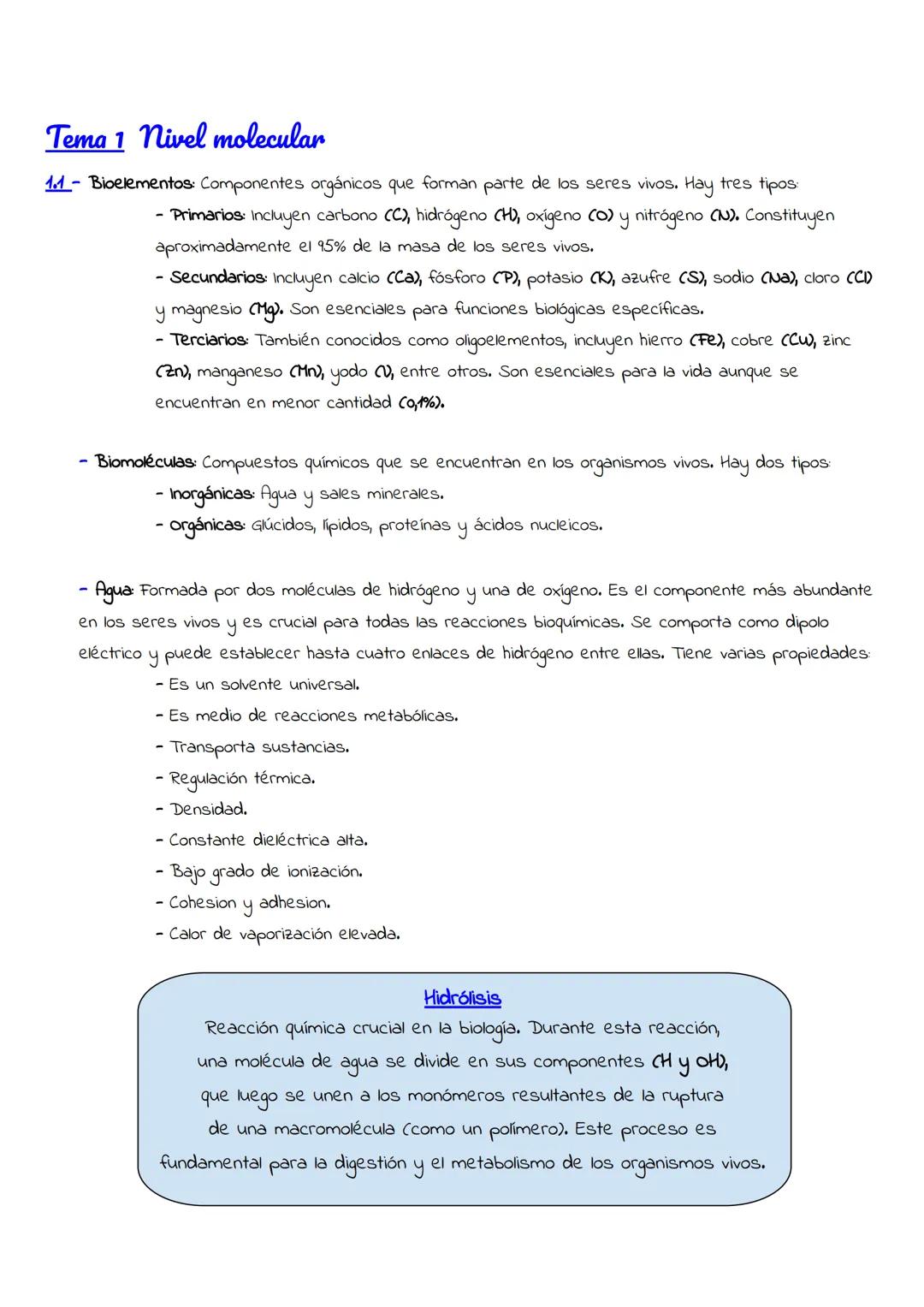 P
Temario completo
24/25
BIOLOGÍA
AAA Tema 1 nivel molecular
1.1 - Bioelementos: Componentes orgánicos que forman parte de los seres vivos.