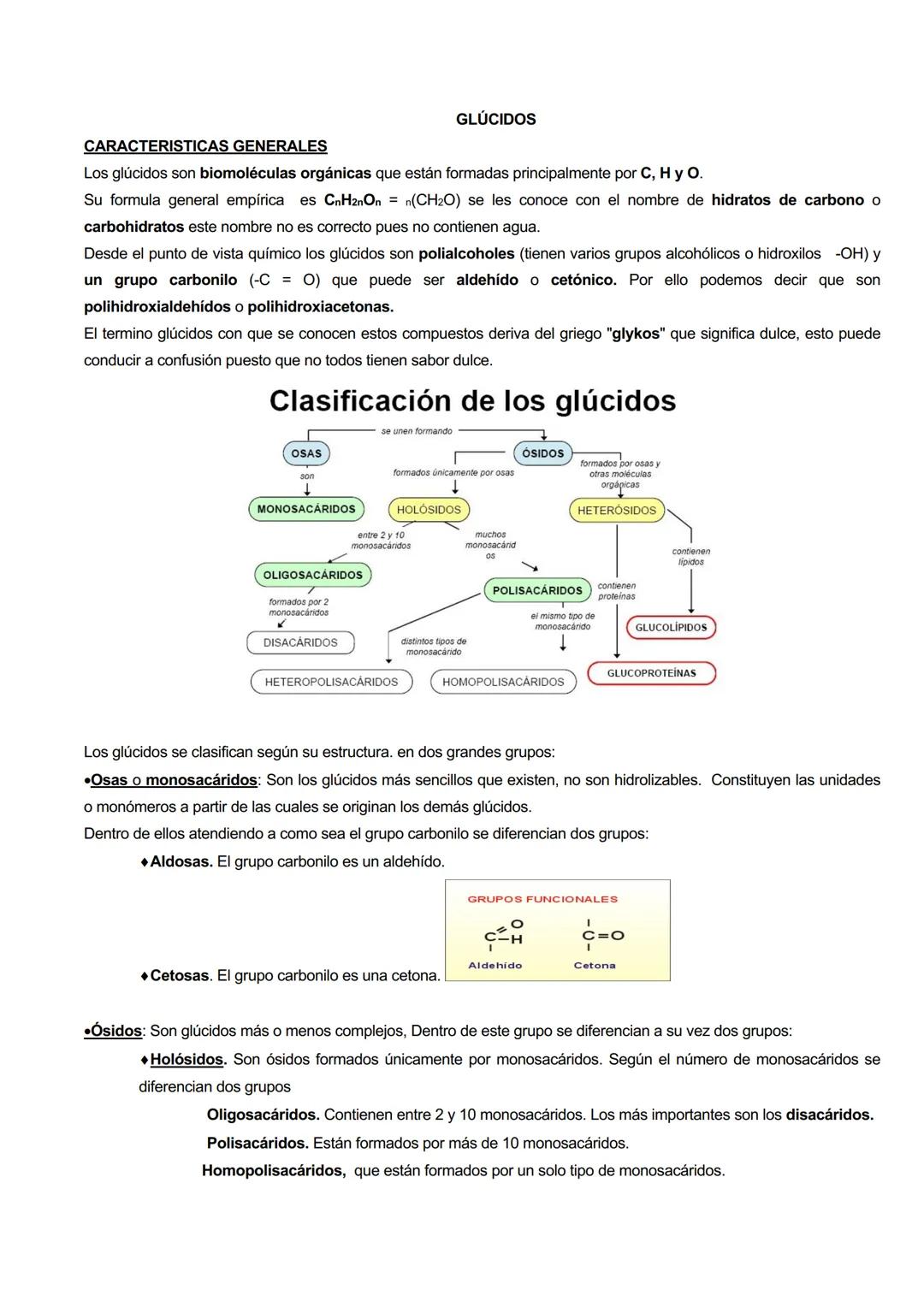 GLÚCIDOS
CARACTERISTICAS GENERALES
Los glúcidos son biomoléculas orgánicas que están formadas principalmente por C, H y O.
Su formula genera