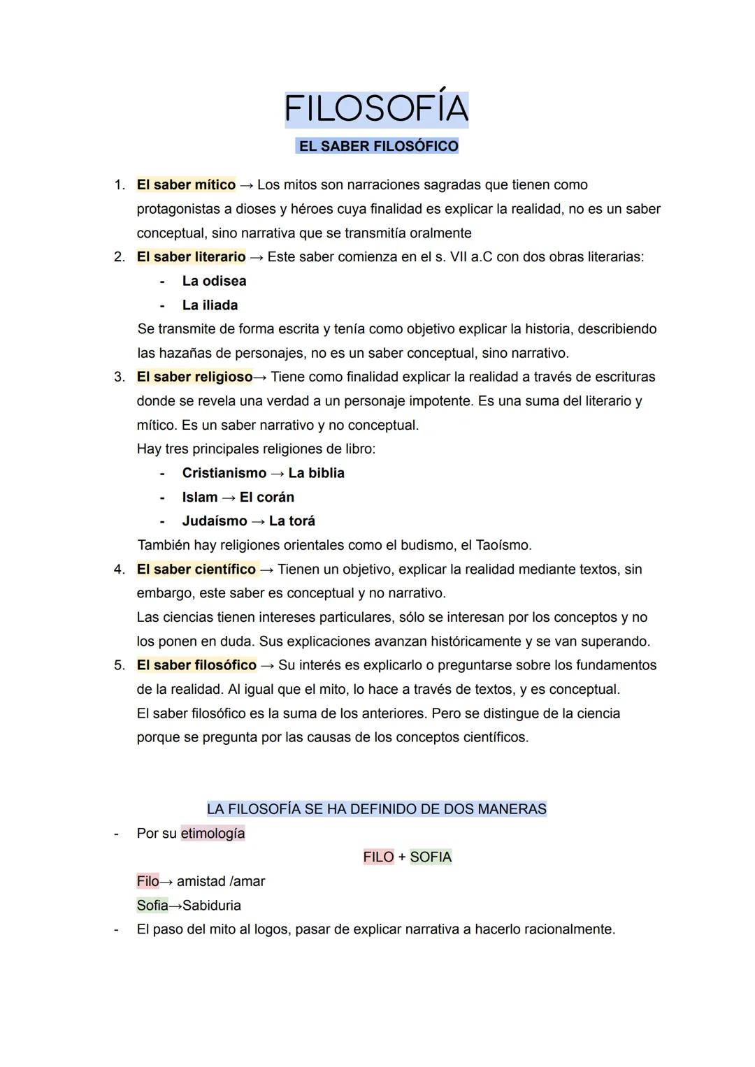 # FILOSOFÍA
EL SABER FILOSÓFICO
1. El saber mítico Los mitos son narraciones sagradas que tienen como
protagonistas a dioses y héroes cuya