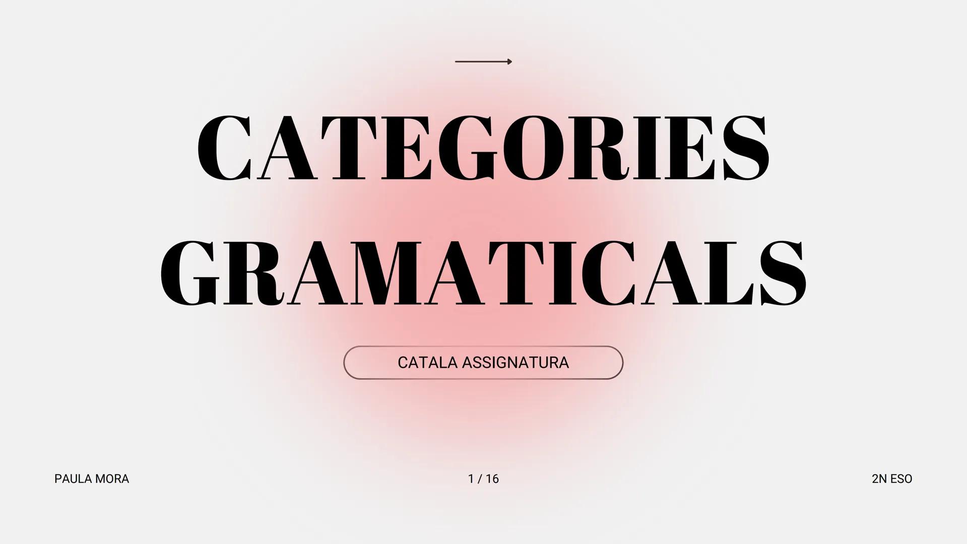 - $\longrightarrow$
# CATEGORIES
# GRAMATICALS
CATALÀ ASSIGNATURA
PAULA MORA
1 / 16
2N ESO # 9 CATEGORIAS GRAMATICALS
ELS VERBS (VARIAB