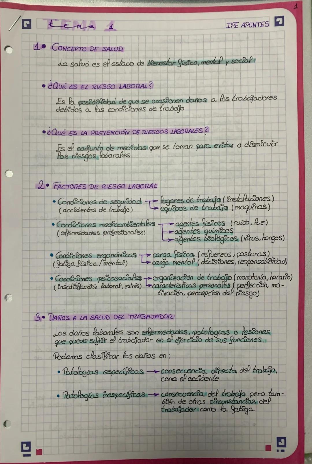 # tema d
1 CONCEPTO DE SALUD
1
IPE APUNTES
da salud es el estado de bienestar fisico, mental y social
• ¿QUÉ ES EL RIESGO LABORAL?
Es la