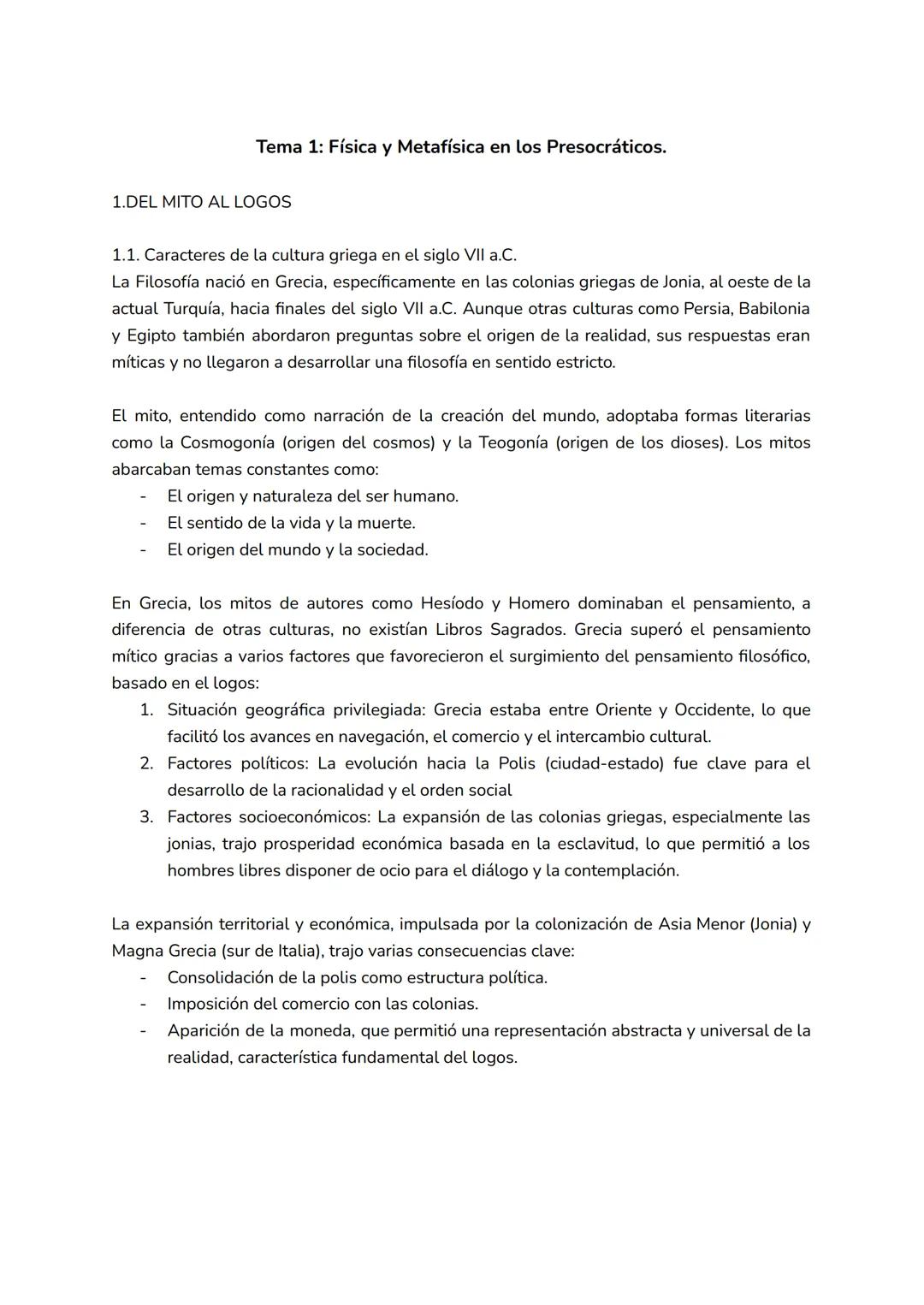 Tema 1: Física y Metafísica en los Presocráticos.
1.DEL MITO AL LOGOS
1.1. Caracteres de la cultura griega en el siglo VII a.C.
La Filosofía