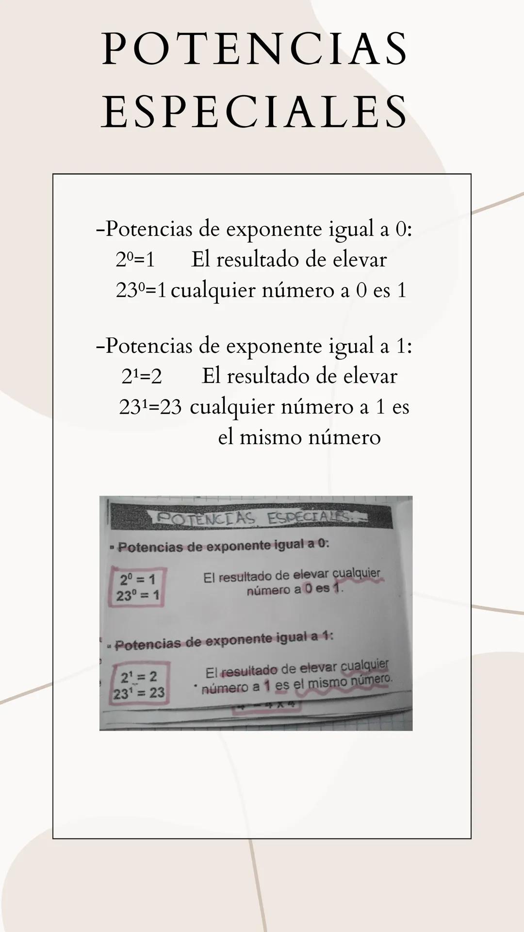 POTENCIAS
Una potencia es una forma abreviada
de escribir un producto de factores
iguales
Una potencia tiene dos partes, la base y el
expone