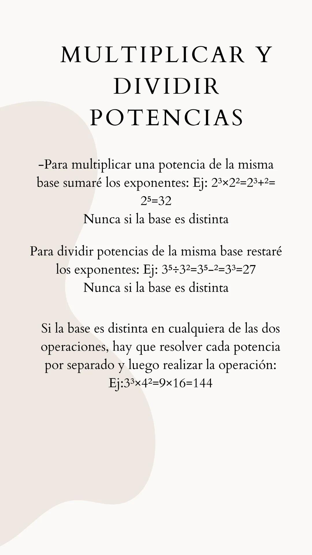 POTENCIAS
Una potencia es una forma abreviada
de escribir un producto de factores
iguales
Una potencia tiene dos partes, la base y el
expone