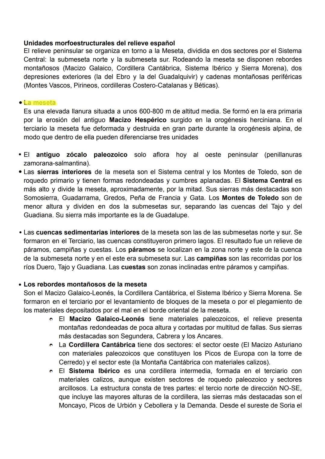 Unidades morfoestructurales del relieve español
El relieve peninsular se organiza en torno a la Meseta, dividida en dos sectores por el Sist