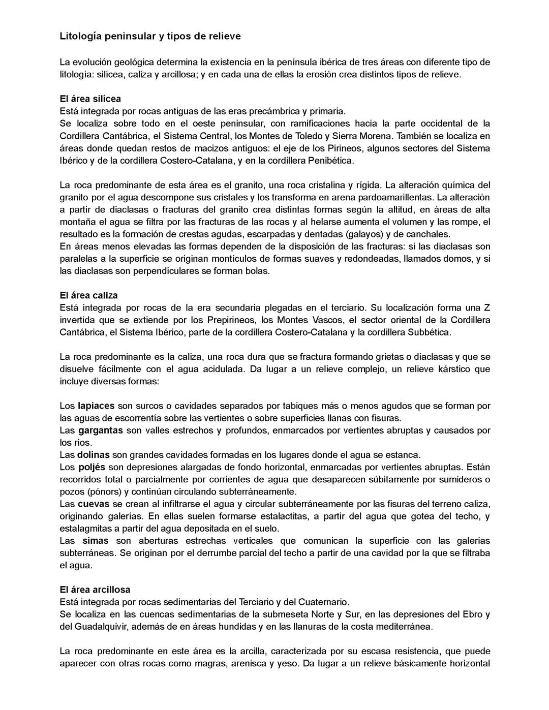 Litología peninsular y tipos de relieves